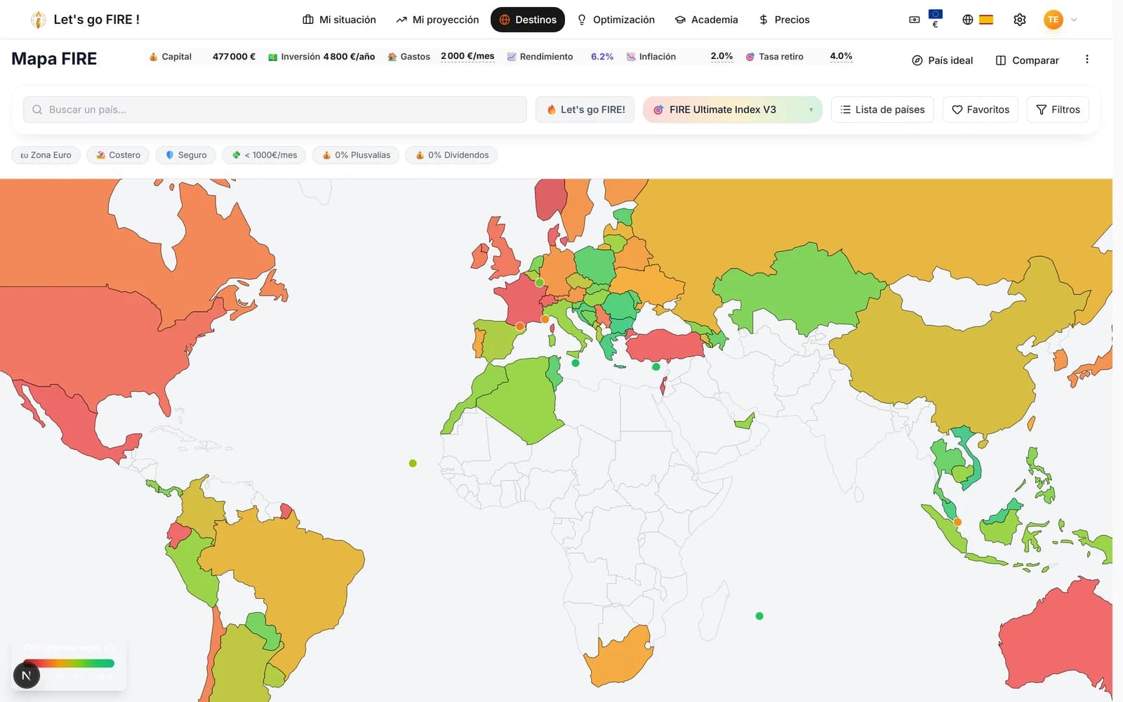 Mapa del mundo coloreado según la puntuación FIRE de cada país para el geoarbitraje.