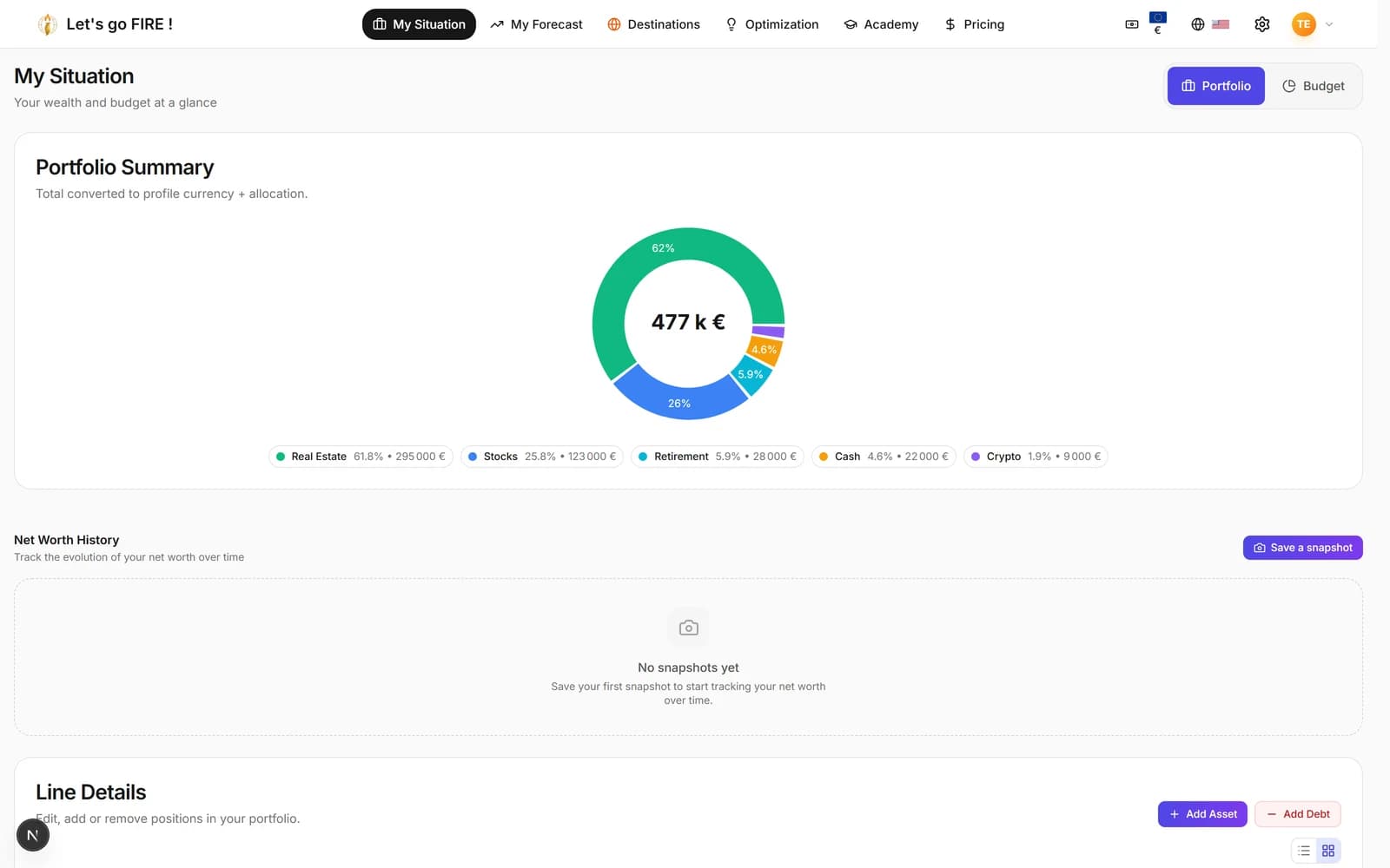 Net worth dashboard with an asset allocation donut chart.